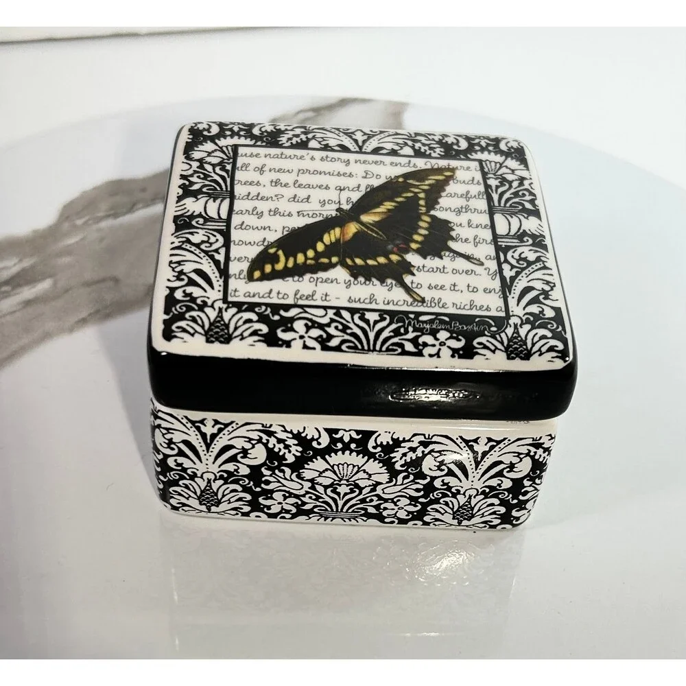 Swallowtail Butterfly ceramic Trinket Jewelry Box Black and White Demdaco